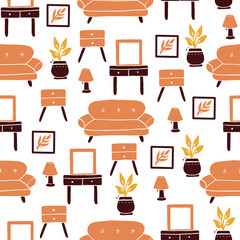 Seamless pattern of living room furniture elements, sofa, chair, shelf, houseplants. Simple trendy flat style. Concept of home interior design. Illustration for wallpaper, background, textile design