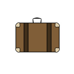 Brown travel suitcase in cartoon style on white background.
