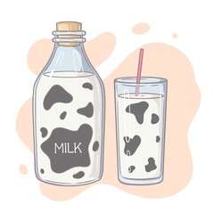 milk in a bottle, glass of milk with a straw for drinks, glassware, isolated print illustration