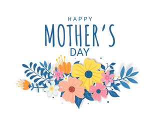 Happy Mother's Day lettering on a white background illustration with flowers and shadow.