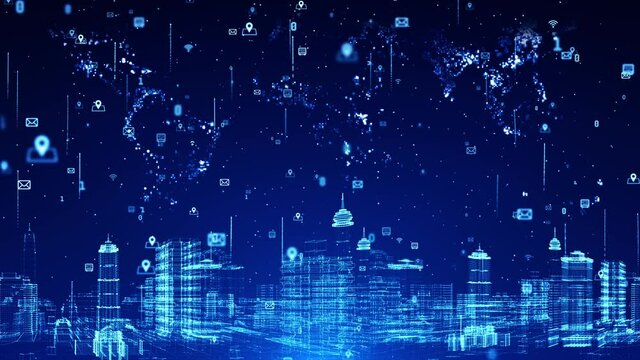 4K 3D Smart City Digital Cyberspace, Digital Data Network Connections, Global Communication. 5g High-Speed Internet Connection, Data Analysis Technology Digital Loop Background Concept.