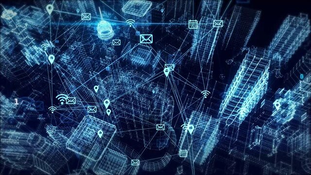 3D 4K Business and communnication network on city Loop background. Future Science And Technology Holographic Smart Cyber City High Building Model Space Promotion. Communication Network Concept.