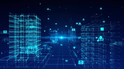 Digital City, Digital cyberspace with particles and Digital data network connections, Data analysis process background concept. hologram digital environment, virtual reality, artificial intelligence.