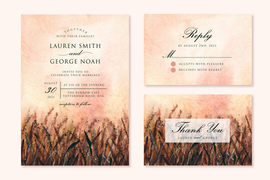 wedding invitation set with sunset grass field watercolor background