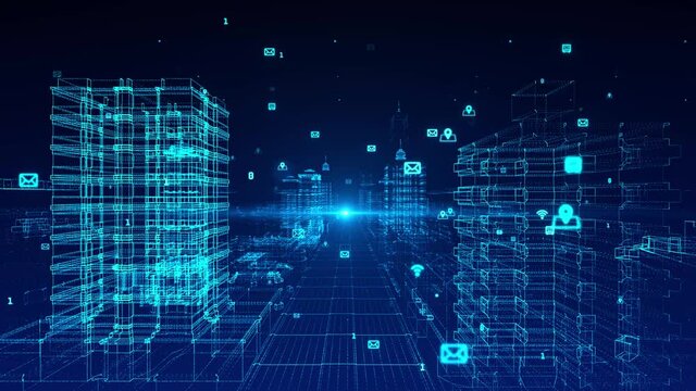 Digital City, Digital cyberspace with particles and Digital data network connections, Data analysis process background concept. hologram digital environment, virtual reality, artificial intelligence.