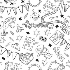 Toys: rocking horse, toy railroad, toy car, train, drum, stuffed animals, bunny toy. Easel, paints and brushes, children's drawings. Garland flag. Cartoon print. Seamless vector pattern (background). 