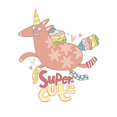 Super cute. Lettering. Funny cartoon unicorn. Magic doodle animal. Isolated vector object on white background. Hearts. Card. 