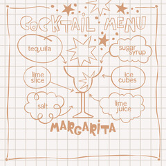 Margarita. Cocktail menu. Alcoholic cold drinks. Recipe. Lettering, arrows, dialog clouds. Stars and dots, blots. Gray checkered background. Isolated vector objects. Cartoon glass. 