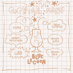 Blue Lagoon. Cocktail menu. Alcoholic cold drinks. Recipe. Lettering, arrows, dialog clouds. Stars and dots, blots. Gray checkered background. Isolated vector objects. Cartoon glass. 