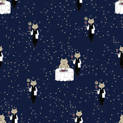 猫とレストラン。シームレスなパターン。テキスタイル、壁紙、包装紙のデザイン。