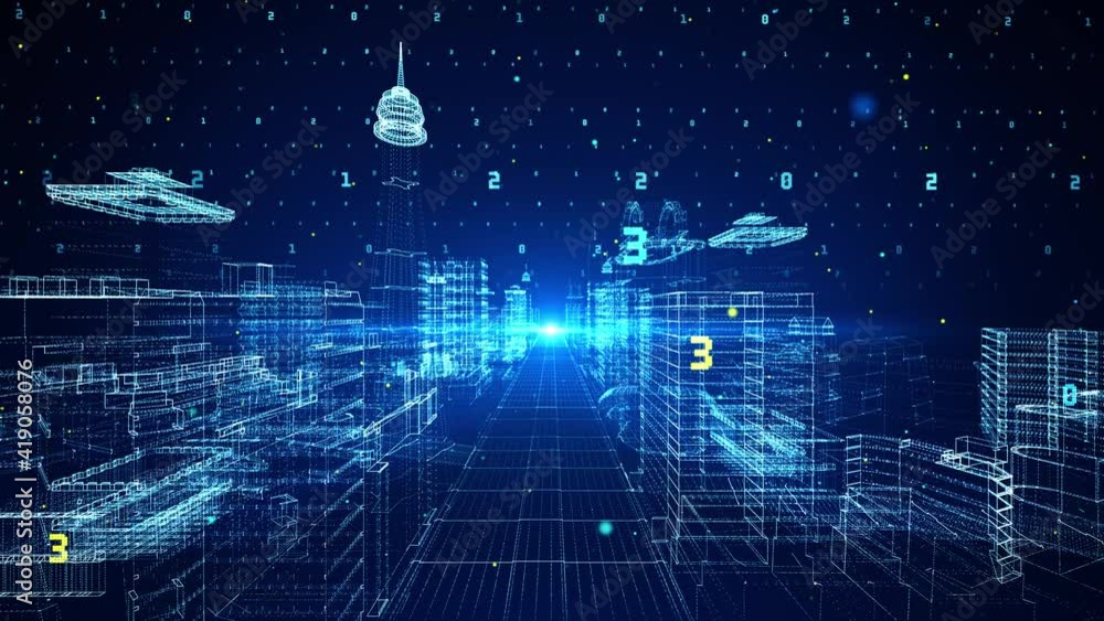 Poster network big data hologram cyber city loop abstract background. camera through city center. business 