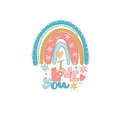 I love you. Lettering. Doodle rainbow. Cartoon art. Isolated vector object on white background. 