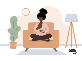 Breastfeeding concept. Young african mother sitting on armchair and nursing newborn baby. Natural feeding, happy motherhood. Vector illustration in flat cartoon style.