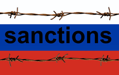 Word ''sanctions'' and Russian flag