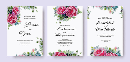 Fototapeta na wymiar Wedding invitation card vintage set pink roses watercolor on white.