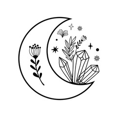 Floral moon sulhouette. Beauty black moon tattoo. Celestial crescent with crystals. Hand drawing female element