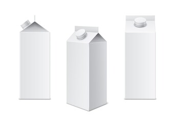 Realistic milk box. 3d white cardboard template for juice, milk and beverage package, different viewing angles drinks blank mockups. Closed container brand presentation vector set