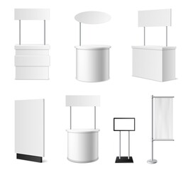 Realistic promotional stands. 3d white blank advertising counters, isolated blank events desks mockup, different designs models, clean empty promo tables with signboard vector set