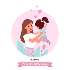 Mothers day. Happy mom with little cute daughter greeting card, spring holiday poster template, woman holds and hugs child postcard, motherhood love and care. Vector cartoon flat concept