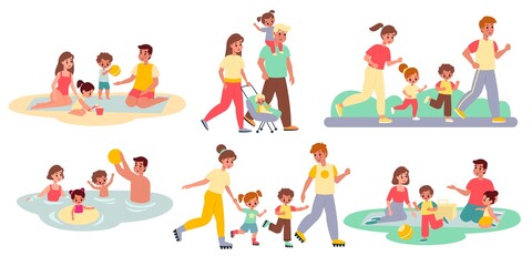 Family activities. Happy people and kids, outdoor spending time together, parents with children walking, beach and roller skates picnic and sport. Parenthood concept vector isolated set