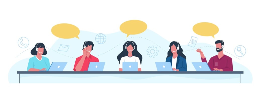 Customer support operators. Call center employees help clients, helpdesk concept office men and women with headset give professional advice. People answering to clients questions vector set