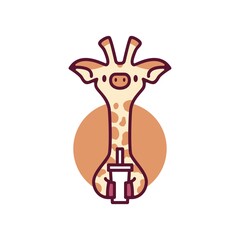 cute giraffe drink cartoon playful character mascot logo vector icon illustration