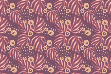 Ethnic boho seamless pattern with tropical leaves, and abstraction. Vector illustration in a trendy style and muted colors.