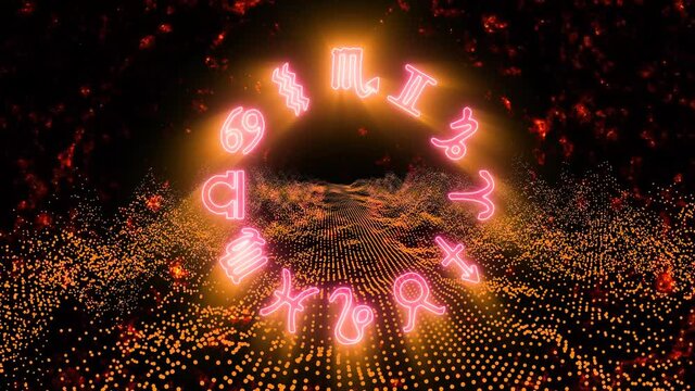 Zodiac sign slow rotate and abstract dark orange and red million particles pattern waveform oscillation fast move, visualization wave technology digital surface