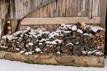 Woodpile of firewood on the outskirts of farm, yard and winter forest