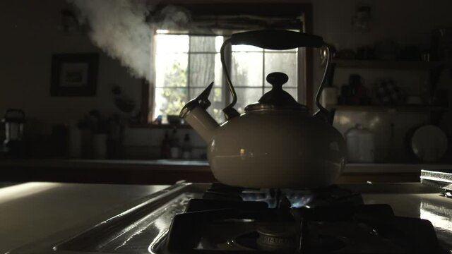Loud Tea Kettle Whistling In Moody Kitchen
