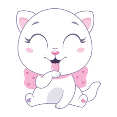 Little white cat washes, licking paw. Cartoon vector illustration