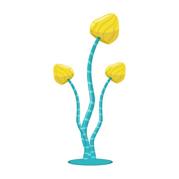One magical fantasy mushroom in cartoon style is isolated on a white background. The mushroom is yellow-blue in color on a thin leg with round caps . Vector illustration