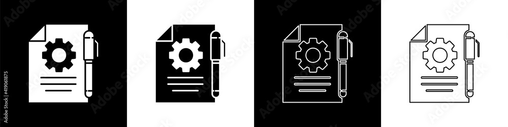 Poster set document settings with gears icon isolated on black and white background. software update, trans