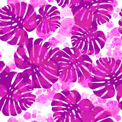 Exotic monstera pink leaves seamless pattern
