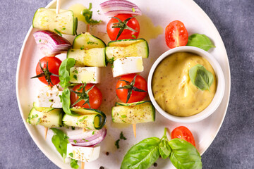 vegetarian skewer and dipping sauce
