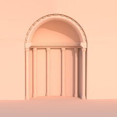 Antique arch with columns for the presentation of a product or service. The pedestal is in pink pastel color.