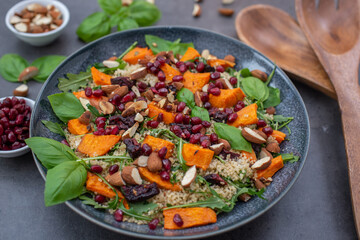 healthy home made couscous salad with sweet potato, beetroot and feta cheese