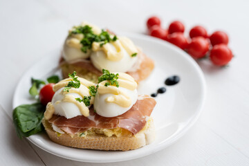 prosciutto dry hure ham with egg mayo dressing open bread sandwich with salad vegetables finger party food 