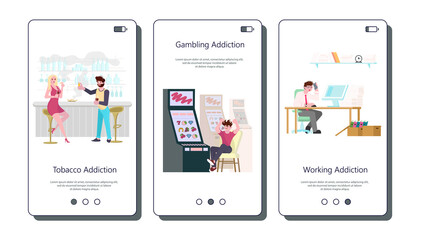 Set of vector touch screen for unhealthy addiction lifestyle, alcoholism, nicotine addiction, game and food addiction. Flat Art Vector illustration