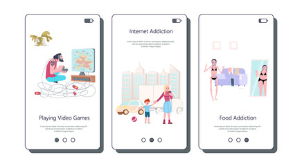 Set of vector touch screen for unhealthy addiction lifestyle, alcoholism, nicotine addiction, game and food addiction. Flat Art Vector illustration