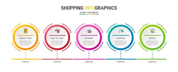 Concept of shopping process with 5 successive steps. Five colorful graphic elements. Timeline design for brochure, presentation, web site. Infographic design layout.