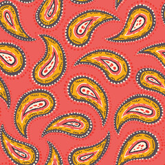 Hand-Drawn Artistic Colorful Paisley Vector Seamless Pattern. Boho Traditional Ethnic Fashion Shawl Print. Line Painterly Doodle Folk Foulard Texture Background