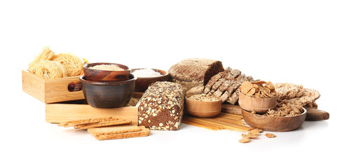 Set of different products on white background