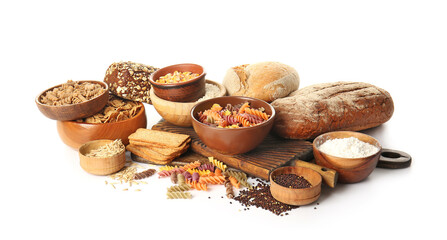 Set of different products on white background