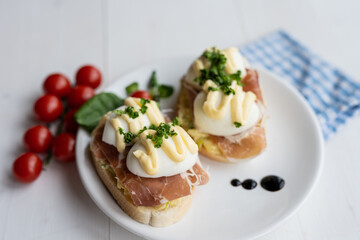 prosciutto dry hure ham with egg mayo dressing open bread sandwich with salad vegetables finger party food 