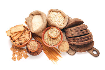 Set of different products on white background