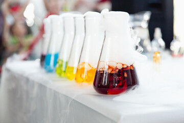 Test-tubes with colorful chemical reagent. Laboratory glassware. Chemical Laboratory