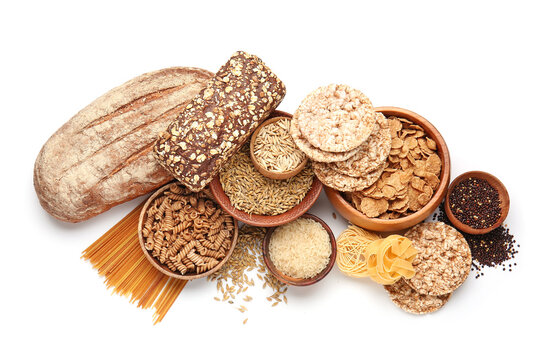 Set of different products on white background