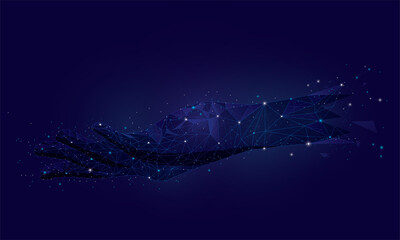 Wireframe hand sign mesh on blue background