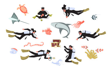 Set of deep and scuba diving people and underwater animals. Men and women divers among fishes and treasure chest. Flat Art Vector illustration